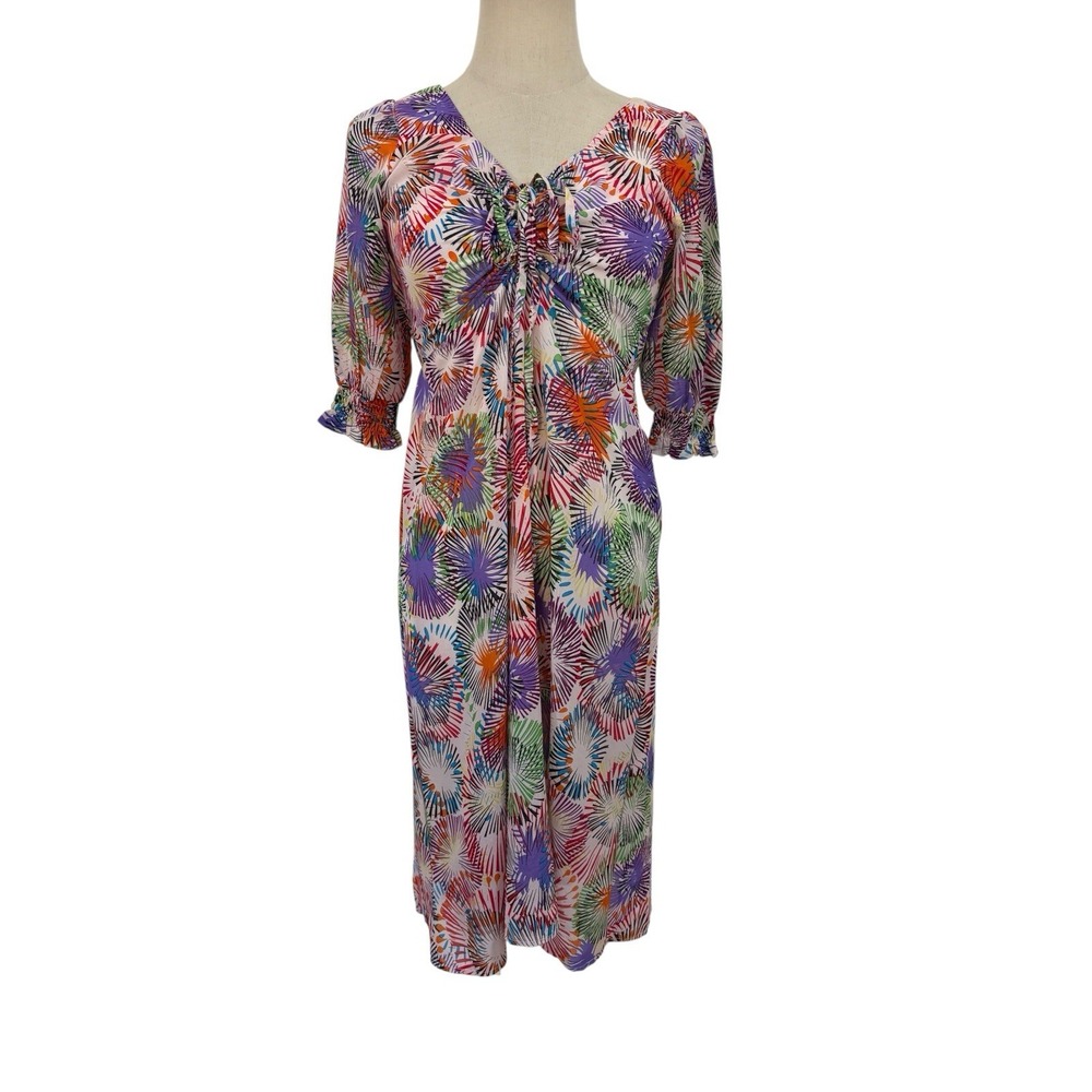 Vtg Y2K Zara Midi Dress Tie‎ Front Chiffon Abstract Print Sz M Colorful Party